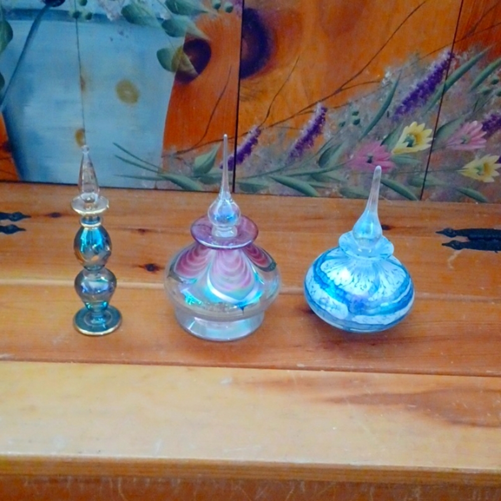 Set of 3 Vintage Artisan Assorted Bottles; Handmade and Hand-Painted; 1990s